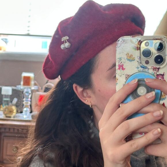 Cute Red Wool Beret with Cherry Rhinestone Pin Chic Fall Winter - Picture 3 of 7